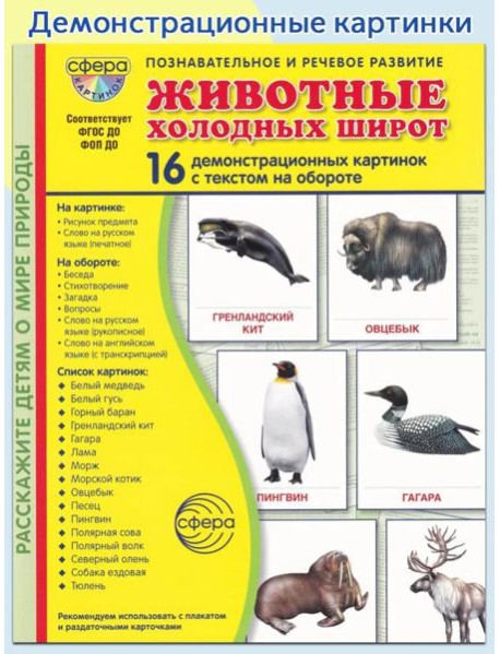Животные холодных широт. Учебное издание (16 демонстрационных картинок с текстом)