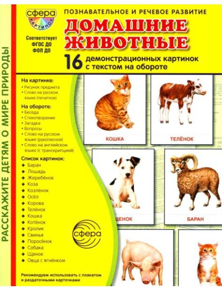 Домашние животные. 16 демонстрационных картинок с текстом на обороте