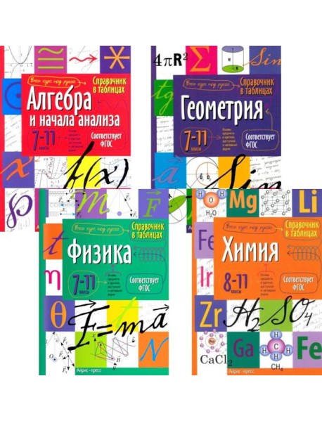 Справочник в таблицах. Алгебра и начала анализа. Геометрия. Физика. Химия. 7-11 кл. (комплект из 4-х книг)