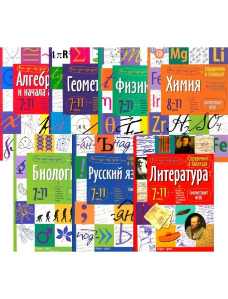 Справочник в таблицах. Алгебра и начала анализа. Геометрия. Физика. Химия. Биология. Русский язык. Литература. 7-11 кл. (комплект из 7-ми книг)